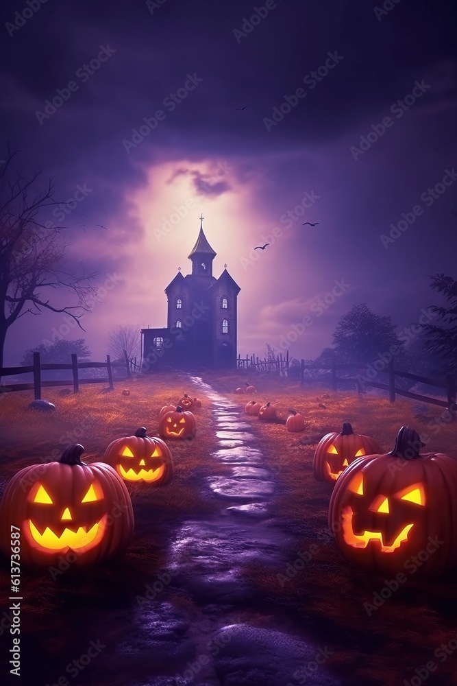 Halloween background with scary pumpkins candles in the graveyard at night with a castle background Halloween background with scary pumpkins candles in the graveyard at night with a castle background