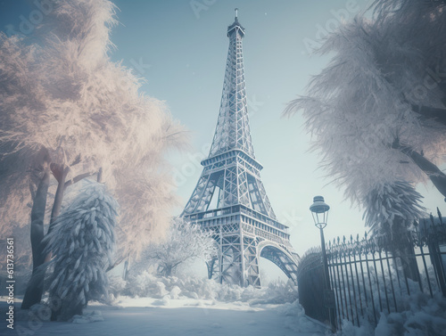 mmerse yourself in the regal ambiance of the Eiffel Tower adorned with a snowy crown, radiating a majestic winter aura that captivates the senses - Generative AI photo