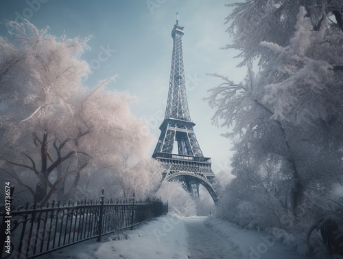 mmerse yourself in the regal ambiance of the Eiffel Tower adorned with a snowy crown, radiating a majestic winter aura that captivates the senses - Generative AI photo