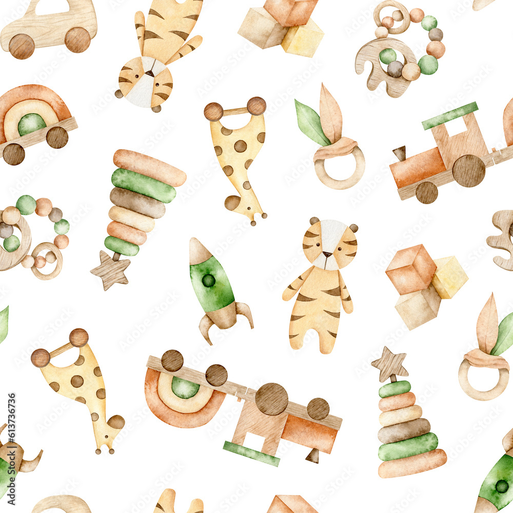 Fototapeta premium Seamless pattern with pyramid, train, tiger, car, rocket, cubes and giraffe on wheels and teething toy. Endless baby background. Hand drawn watercolor illustration eco baby toys for fabric, baby