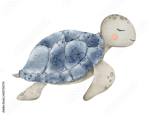 Cute Sea Turtle in blue and grey color on isolated background. Underwater Animal. Sketch of swimming marine tortoise. Tropical reptile. Hand drawn watercolor illustration of undersea life for nursery