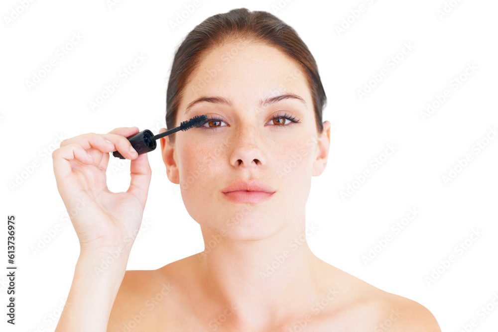 Mascara, makeup and beauty, woman in portrait with brush and cosmetic product isolated on png transparent background. Cosmetics, eyelash extension and volume, female model with skin, glow and lashes