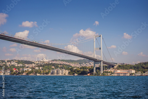 Fototapeta Naklejka Na Ścianę i Meble -  Bosphorus bridge on a summer sunny day, view from the sea, Istanbul Turkey