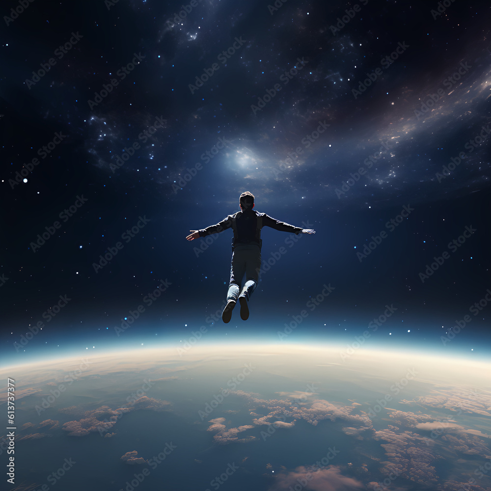 man flying above earth
