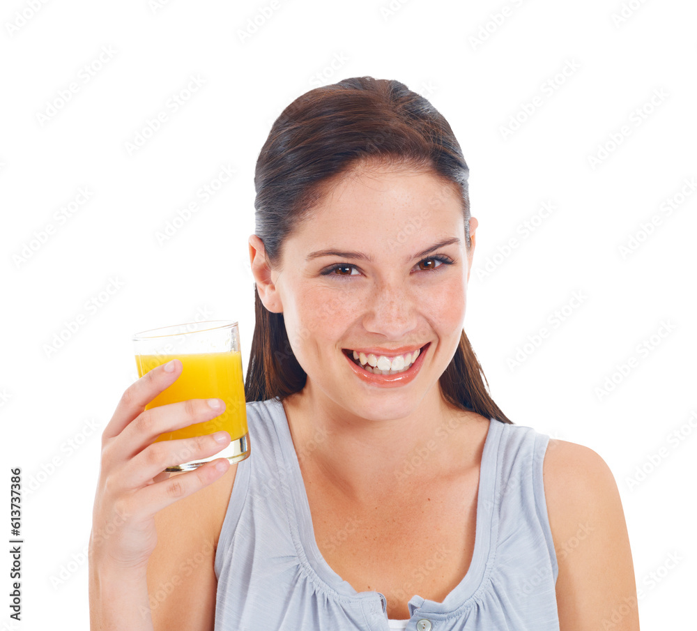 Happy woman, portrait smile and orange juice for vitamin C isolated on a transparent PNG background. Healthy female person smiling with glass of drink for natural citrus beverage, diet or nutrition Happy woman, portrait smile and orange juice for vitamin C isolated on a transparent PNG background. Healthy female person smiling with glass of drink for natural citrus beverage, diet or nutrition