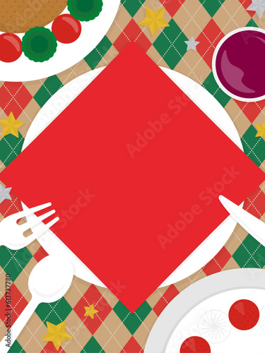 上から見たクリスマスの食卓　テーブルナプキン付き　背景・フレーム素材（縦向き）