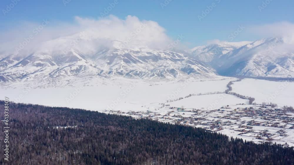 Altai mountains in winter: Katunsky ridge. Aerial view.