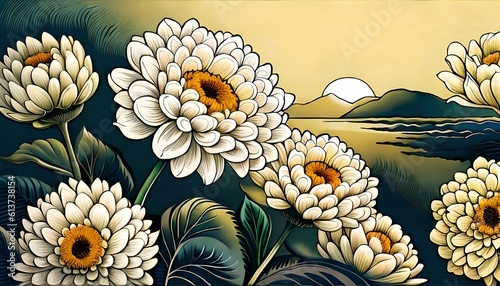 Floral background with chrysanthemum flowers, japanese lino cut style, created with Generative AI.