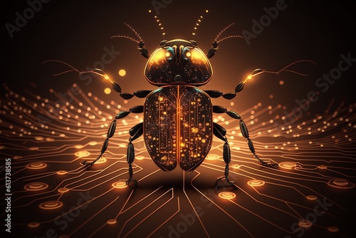 Electronic bug on circuit. Computer virus concept. Spy bug. Generative AI.