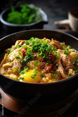 Oyakodon, bowl of rice topped with chicken and egg. Generative AI.