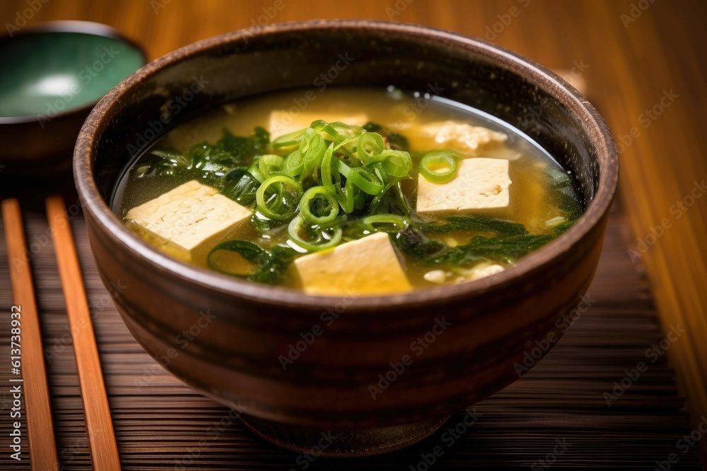 Miso soup with tofu, scallion and seaweed. Generative AI. Miso soup with tofu, scallion and seaweed. Generative AI.