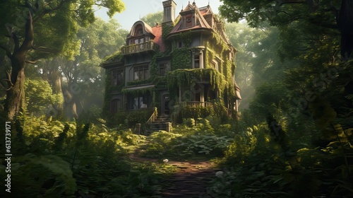 An old  abandoned Victorian mansion with broken windows and overgrown vegetation  standing as a testament to a forgotten era. Generative AI
