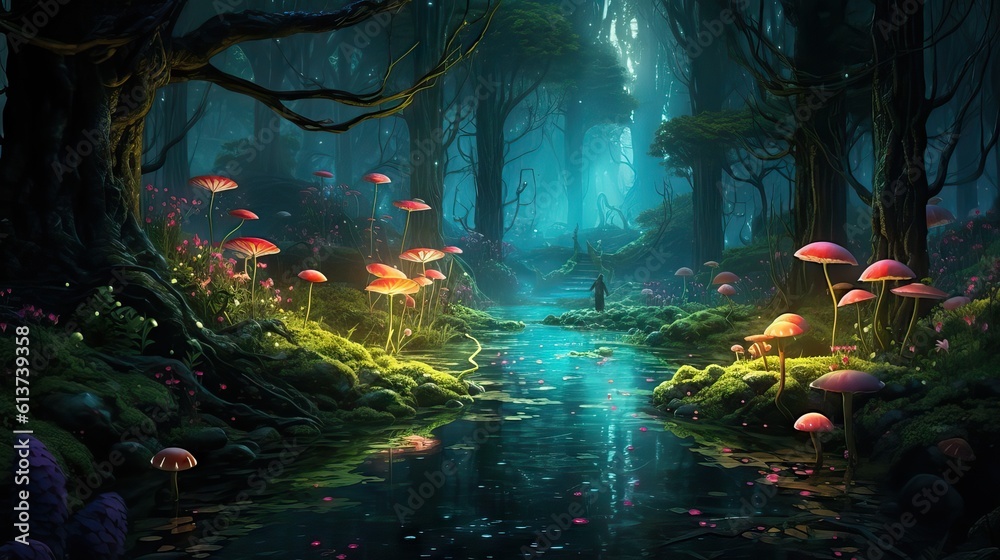 An enchanted forest glowing with bioluminescent plants and creatures. The view embodies the mystique and wonder of a magical realm. Generative AI.