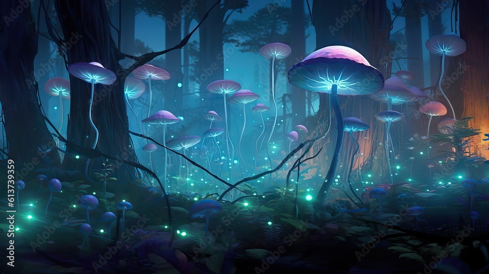 An enchanted forest glowing with bioluminescent plants and creatures ...