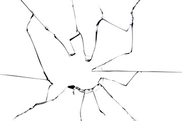 Texture of cracked broken glass isolated on white background. Broken window, effect for use in design