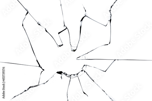Texture of cracked broken glass isolated on white background. Broken window, effect for use in design