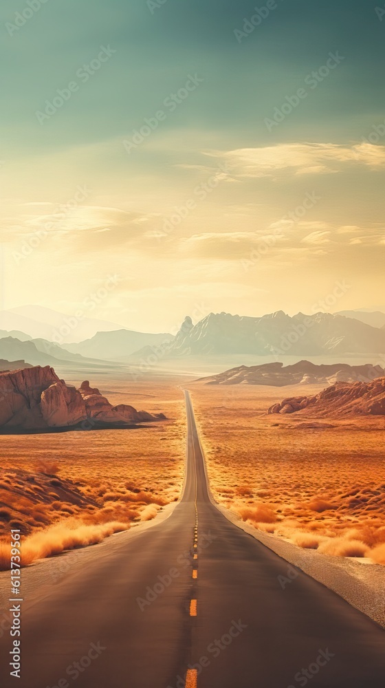 An empty road stretching to the horizon in a desert landscape, evoking a sense of solitude and endless possibilities. Generative AI