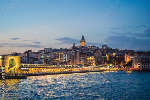 Istanbul city skyline in Turkey  Beyoglu district old houses with Galata tower on top  view from the Golden Horn