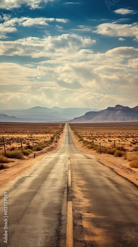 An empty road stretching to the horizon in a desert landscape  evoking a sense of solitude and endless possibilities. Generative AI