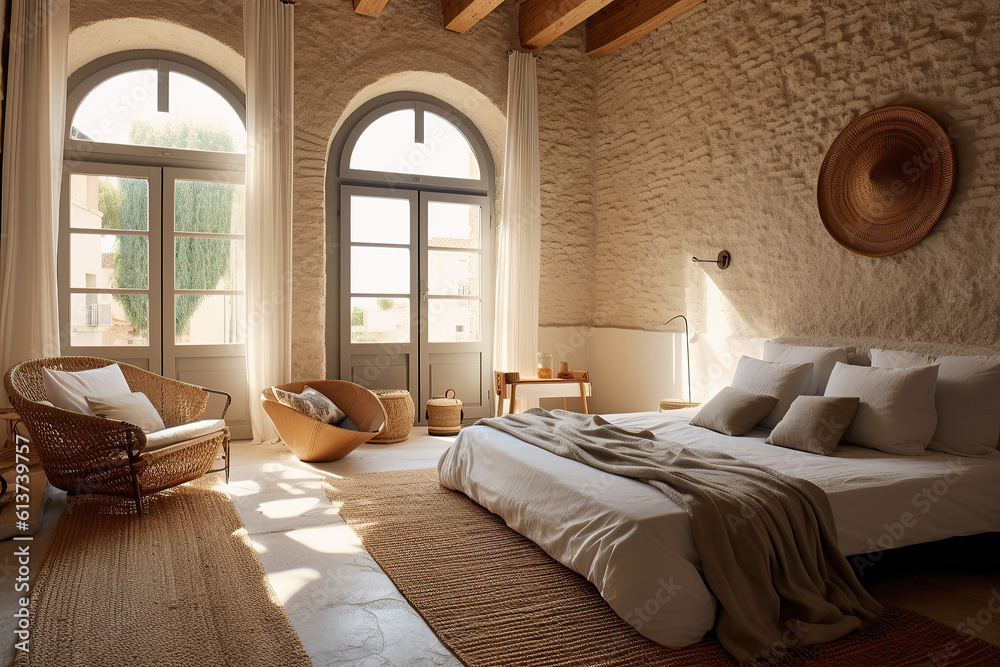 Mediterranean interior design composition with pillows - Minimalistic concept. Generative AI