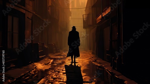 A silhouette of a sinister figure standing at the end of a dimly lit  narrow alley  evoking suspense and fear. Generative AI