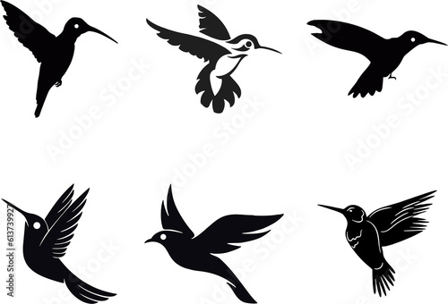 Set of flying birds sign logo silhouettes isolated on white. High resolution Humming bird icons set.