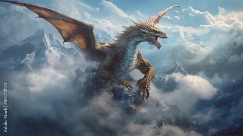 A majestic dragon soaring above cloud-covered mountains. The dragon, a symbol of might and magic, complements the ethereal beauty of the landscape. Generative AI.