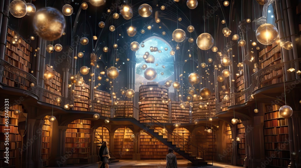 A magical library filled with floating books and glowing orbs of light. This image gives off a sense of wonder and endless knowledge. Generative AI