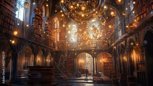 A magical library filled with floating books and glowing orbs of light. This image gives off a sense of wonder and endless knowledge. Generative AI