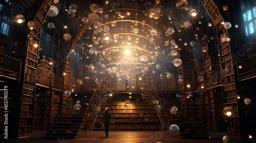 A magical library filled with floating books and glowing orbs of light. This image gives off a sense of wonder and endless knowledge. Generative AI © Sebastián Hernández
