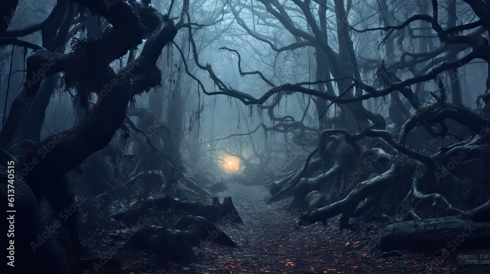 A haunted forest with gnarled trees, dense fog, and the hint of eyes glowing in the darkness, inspiring a sense of dread and the supernatural. Generative AI