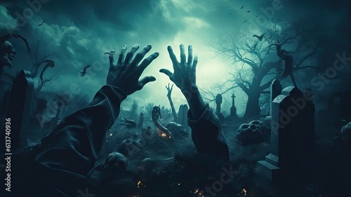 A hand reaching out from the ground in a graveyard, suggesting the undead, imbued with a sense of horror and fear. Generative AI