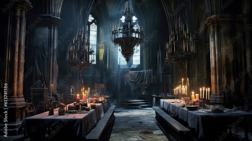 A gothic interior with cobwebs, candelabras, and shadows cast by flickering candlelight. The scene depicts a chilling sense of the past and the unknown. Generative AI