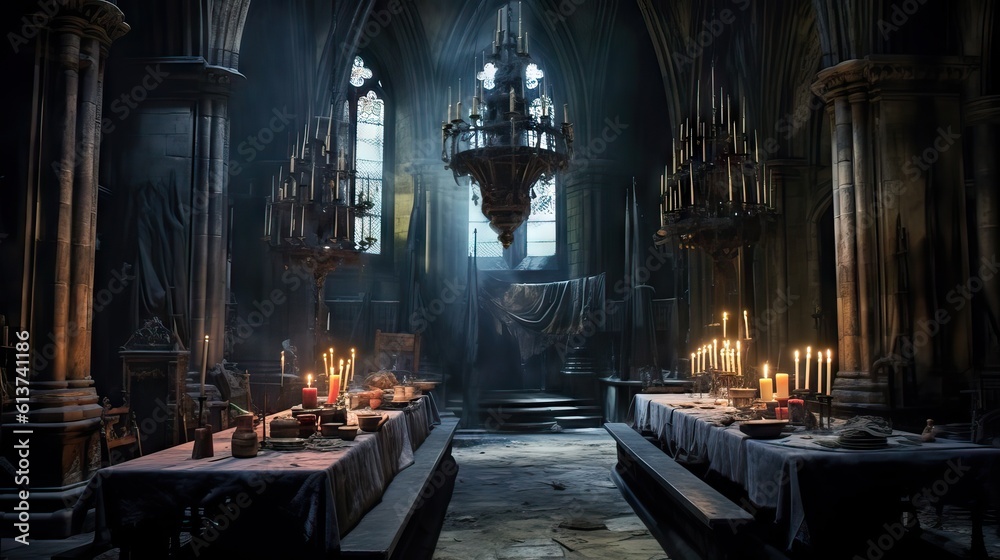 A gothic interior with cobwebs, candelabras, and shadows cast by flickering candlelight. The scene depicts a chilling sense of the past and the unknown. Generative AI A gothic interior with cobwebs, candelabras, and shadows cast by flickering candlelight. The scene depicts a chilling sense of the past and the unknown. Generative AI