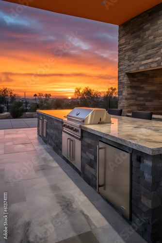 Custom Outdoor Kitchen area with professional barbecue grill, outdoor kitchen access door & drawers, and other components.