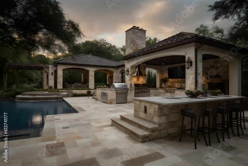 Custom Outdoor Kitchen area with professional barbecue grill, outdoor kitchen access door & drawers, and other components. © Brandon