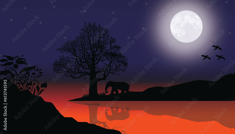 Night landscape with moon