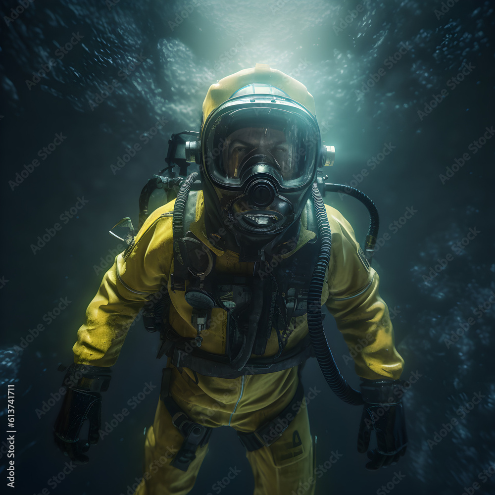 Scuba deep sea diver swimming in a deep ocean, generative ai