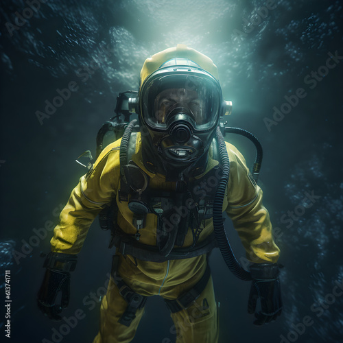 Scuba deep sea diver swimming in a deep ocean, generative ai © Gamani