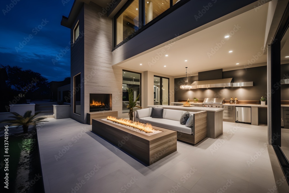 High-end Luxury style residential architectural depictions of beautiful custom outdoor living area with custom outdoor kitchen design, perfect for showcasing outdoor space concepts.