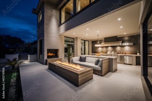 High-end Luxury style residential architectural depictions of beautiful custom outdoor living area with custom outdoor kitchen design, perfect for showcasing outdoor space concepts.