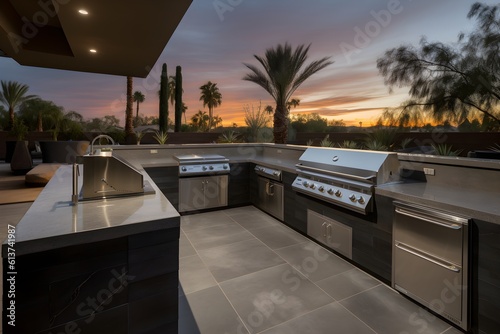 High-end Luxury style residential architectural depictions of beautiful custom outdoor living area with custom outdoor kitchen design, perfect for showcasing outdoor space concepts.