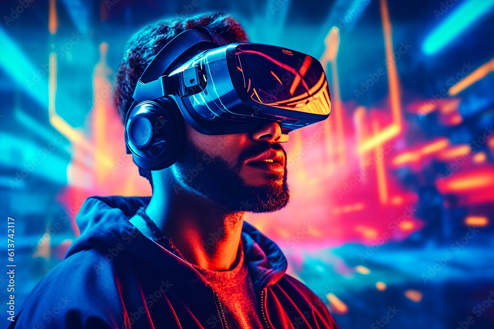 man wearing a virtual reality headset. Generative AI man wearing a virtual reality headset. Generative AI