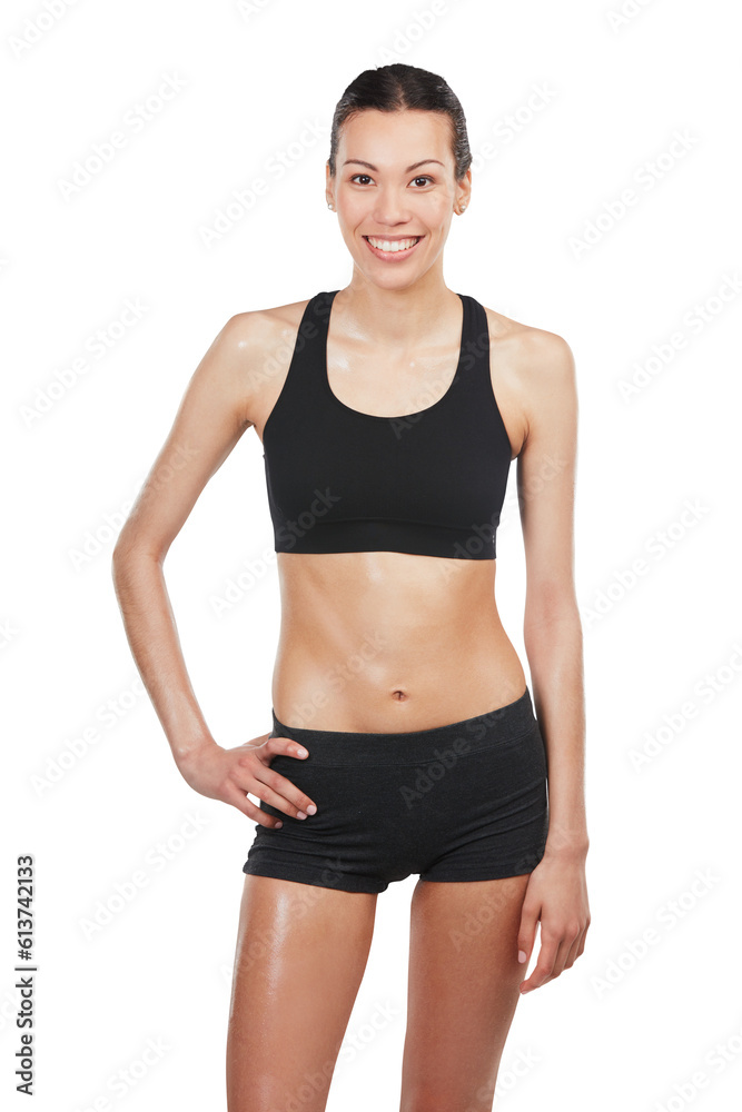 Portrait, exercise and body with a sports woman isolated on transparent background for health or wellness. Fitness, training or workout with a happy young female athlete on PNG for diet or nutrition