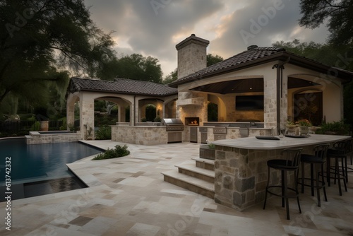 Beautiful custom outdoor kitchen & living area design of high-end luxury style custom homes. © Brandon