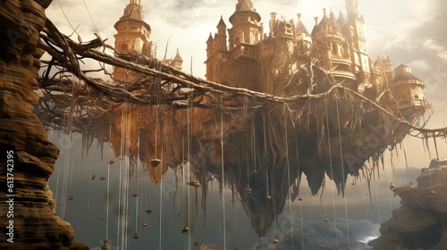A castle floating in the sky, suspended by enormous chains or roots. This scene stirs feelings of awe and curiosity, inviting viewers to explore this mysterious world. Generative AI