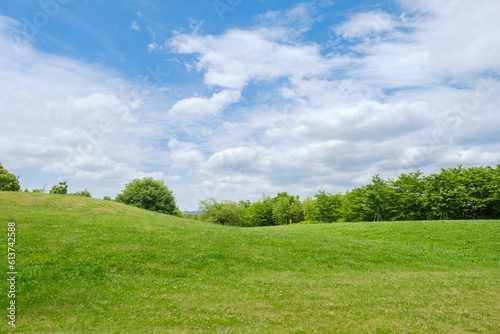 青空と芝生の広がる公園 丘陵