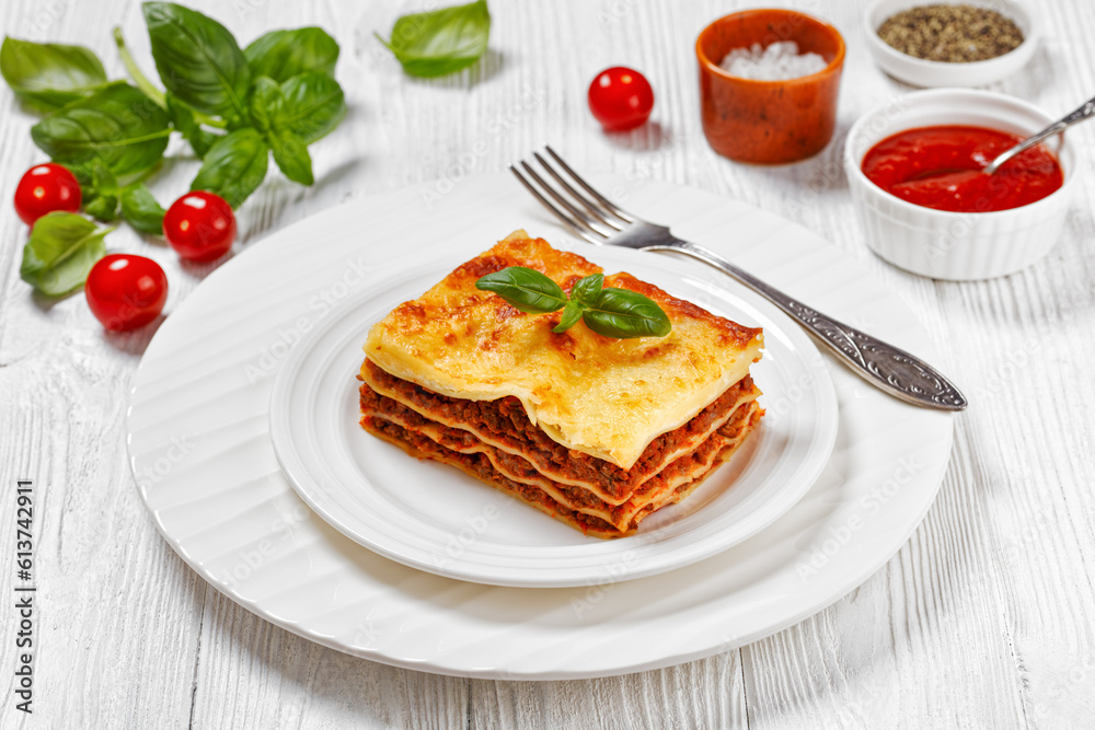 lasagne al forno, italian beef lasagna, top view lasagne al forno, italian beef lasagna, top view