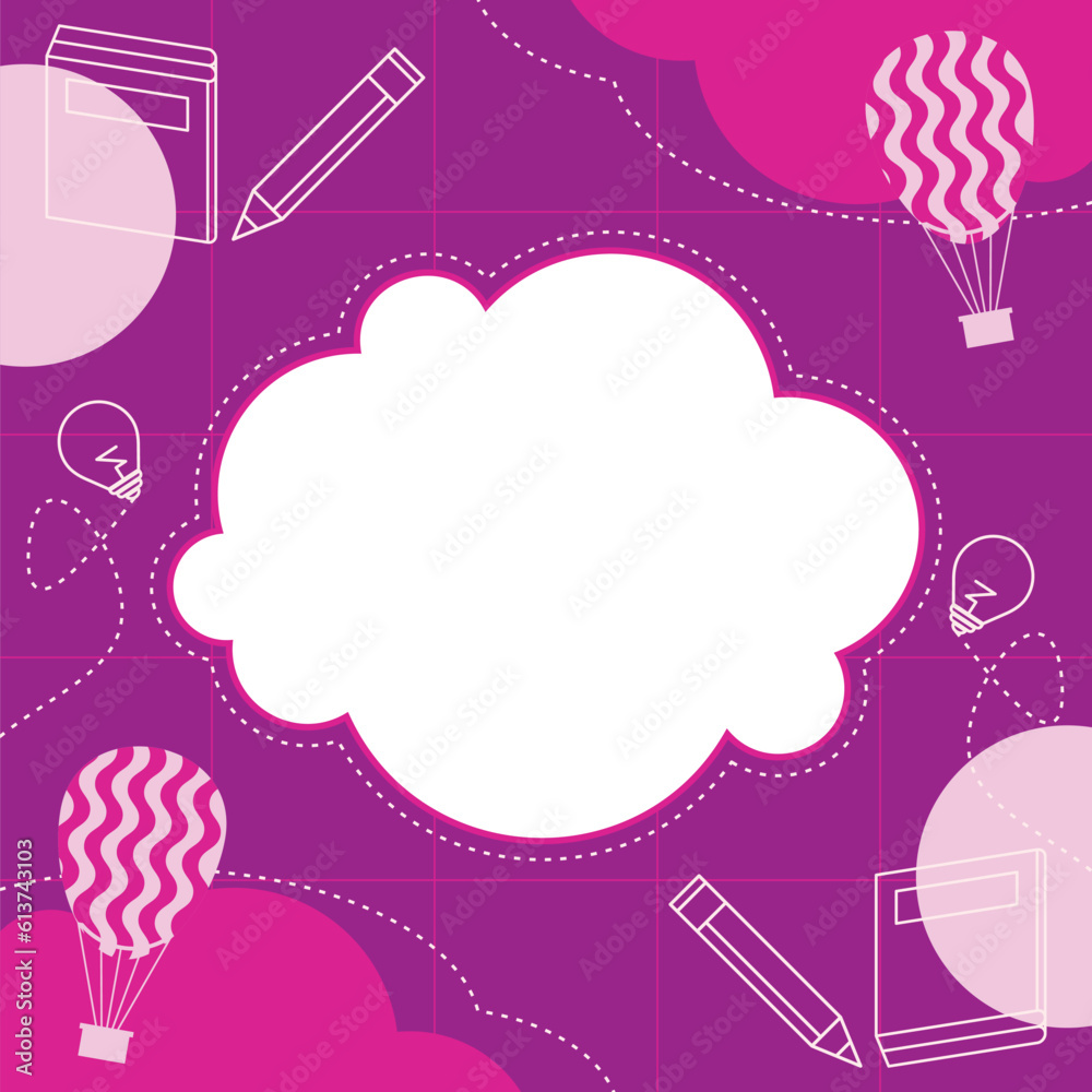 back to school background, note paper with cloud icon, hot air balloon, book, pencil and idea. have empty space for text, kids cartoon vector back to school background, note paper with cloud icon, hot air balloon, book, pencil and idea. have empty space for text, kids cartoon vector