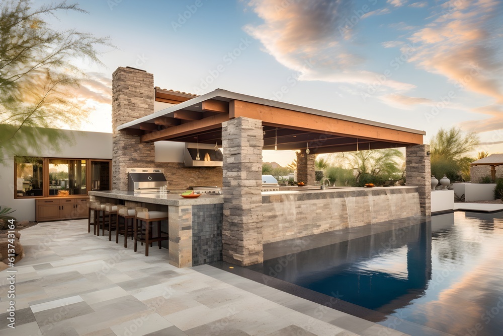 Beautiful custom outdoor kitchen & living area design of high-end luxury style custom homes.